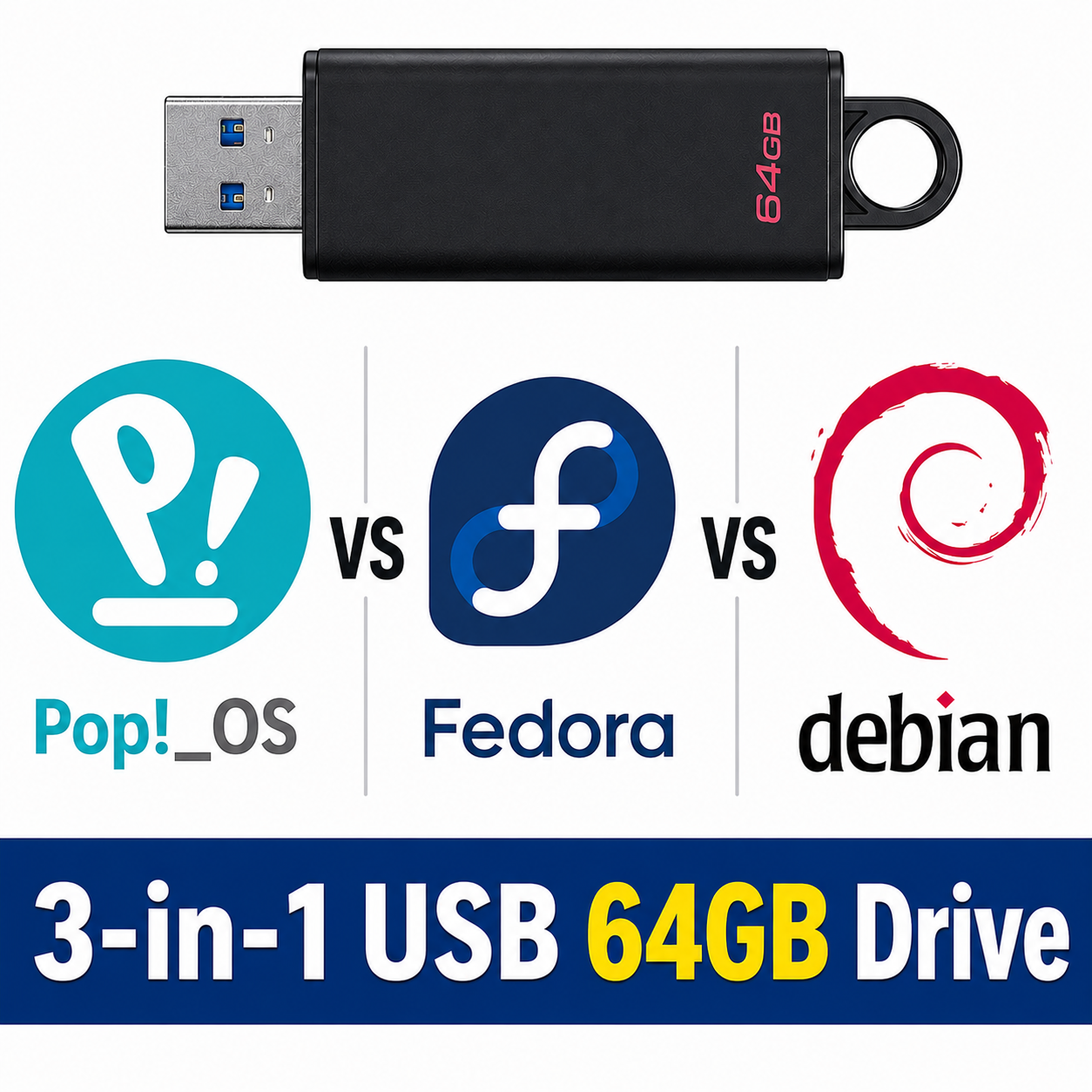 Pop!_OS vs Fedora vs Debian 3-in-1 64GB Multi-Boot USB Drive