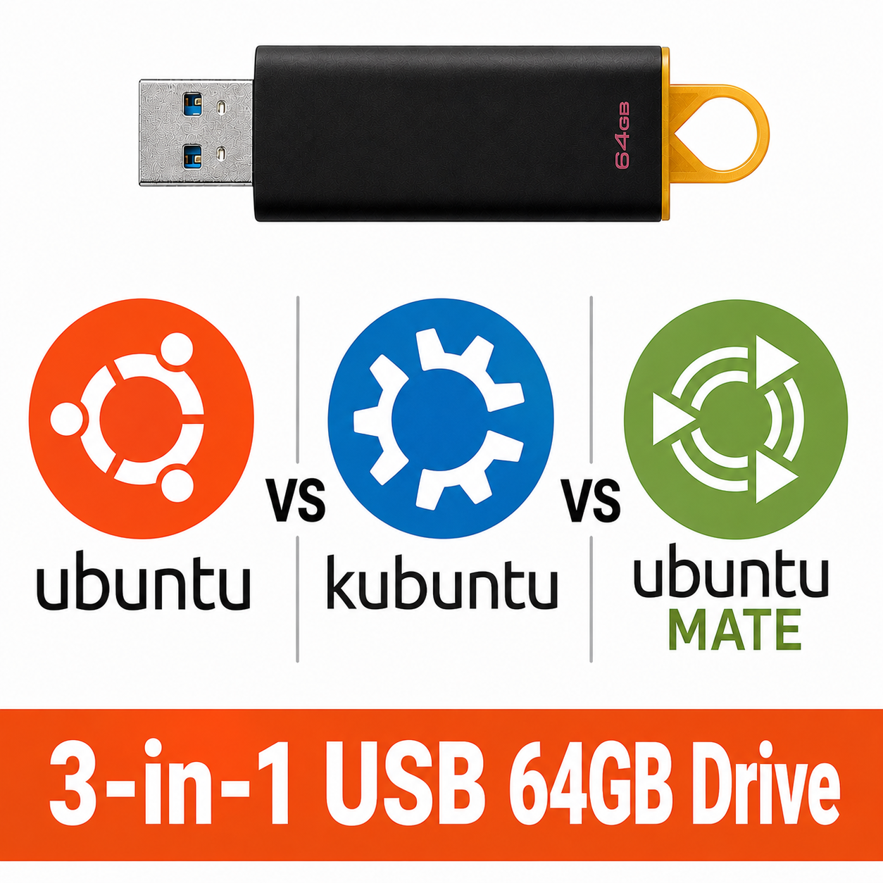 Ubuntu vs Kubuntu vs Ubuntu MATE 3-in-1 64GB Multi-Boot USB Drive