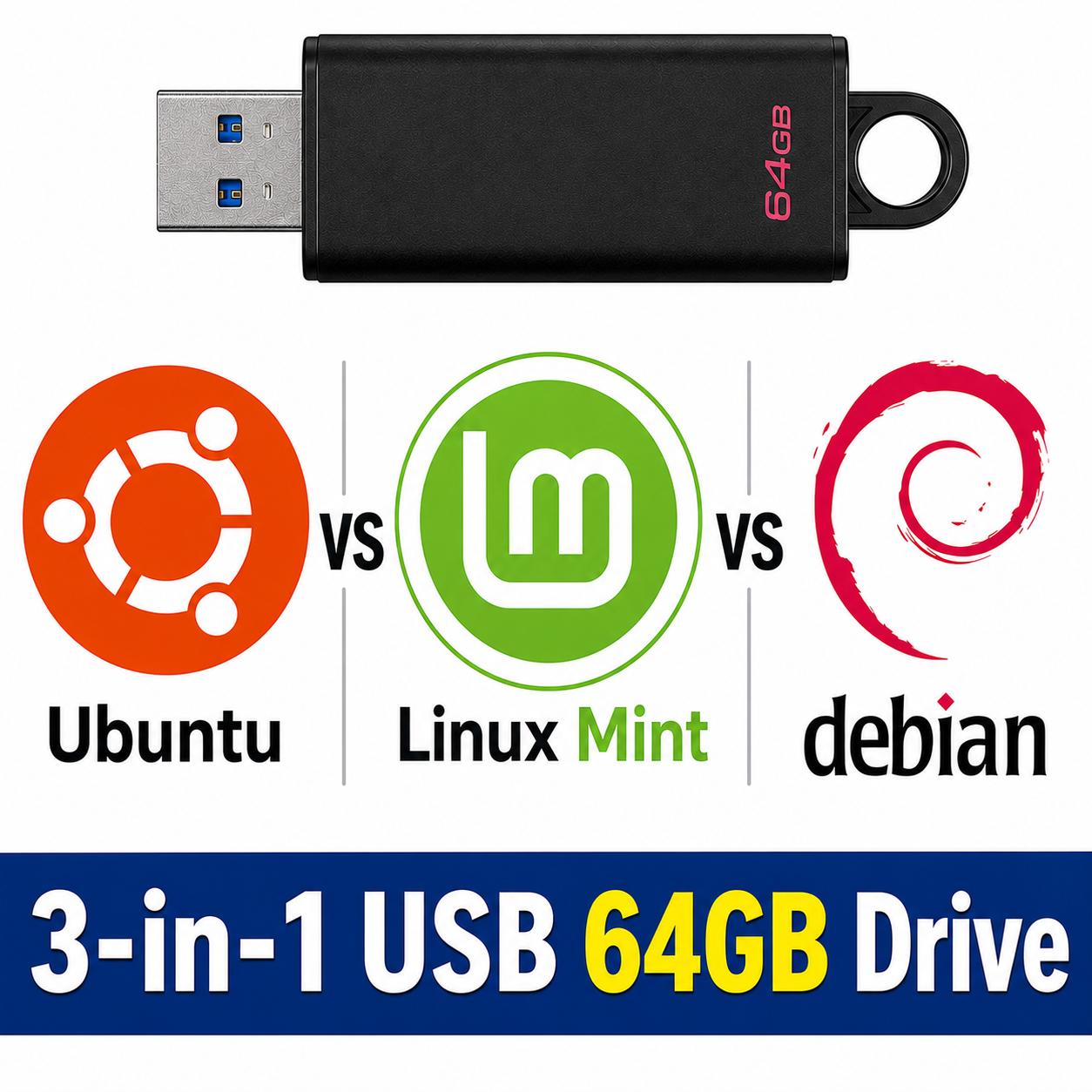 Ubuntu vs Linux Mint vs Debian 3-in-1 64GB Multi-Boot USB Drive