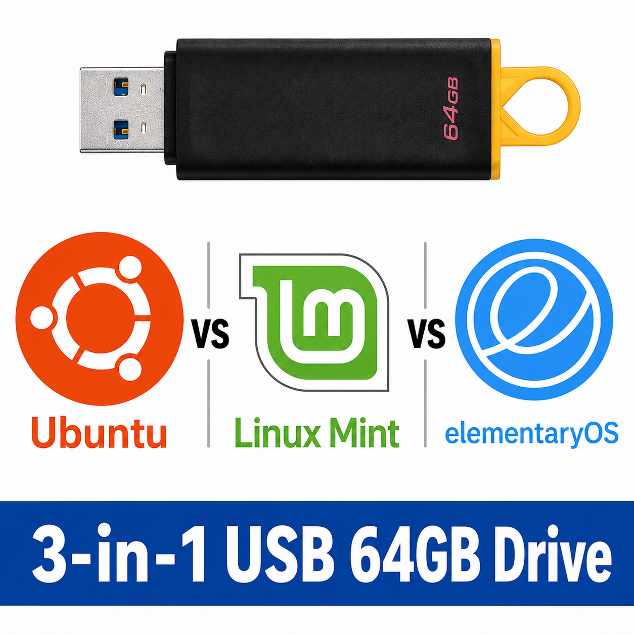 Ubuntu vs Linux Mint vs elementary OS 3-in-1 64GB Multi-Boot USB Drive