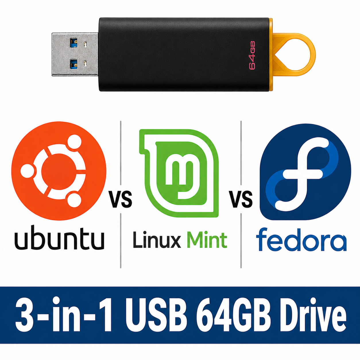 Ubuntu vs Linux Mint vs Fedora 3-in-1 64GB Multi-Boot USB Drive