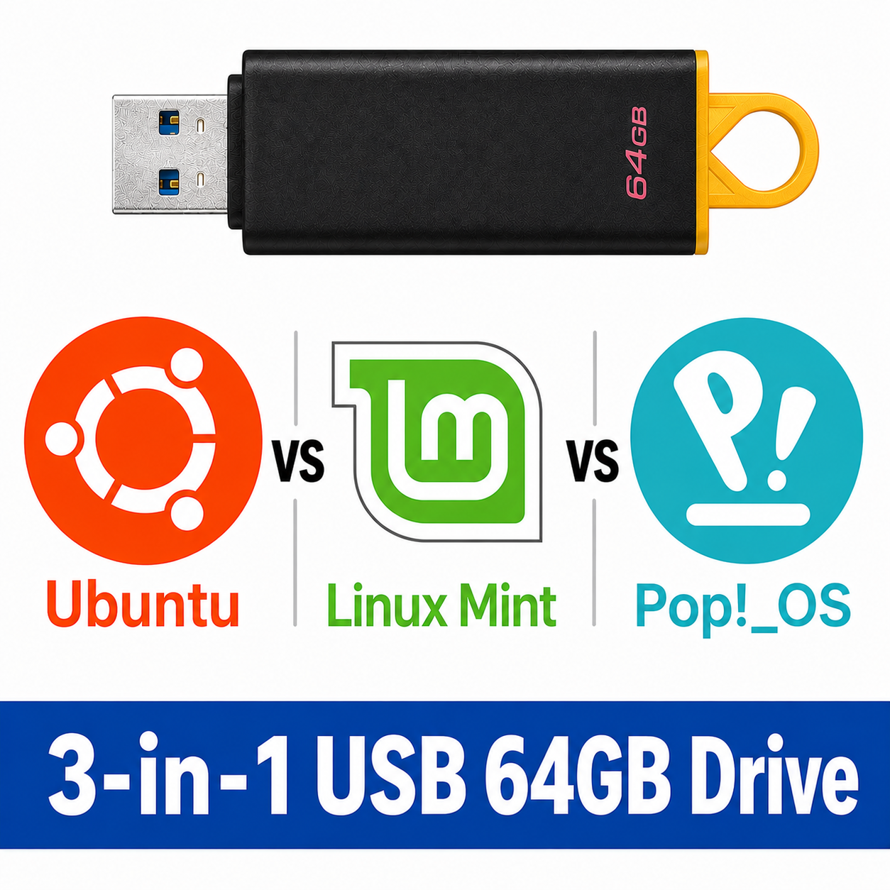 Ubuntu vs Linux Mint vs Pop!_OS 3-in-1 64GB Multi-Boot USB Drive