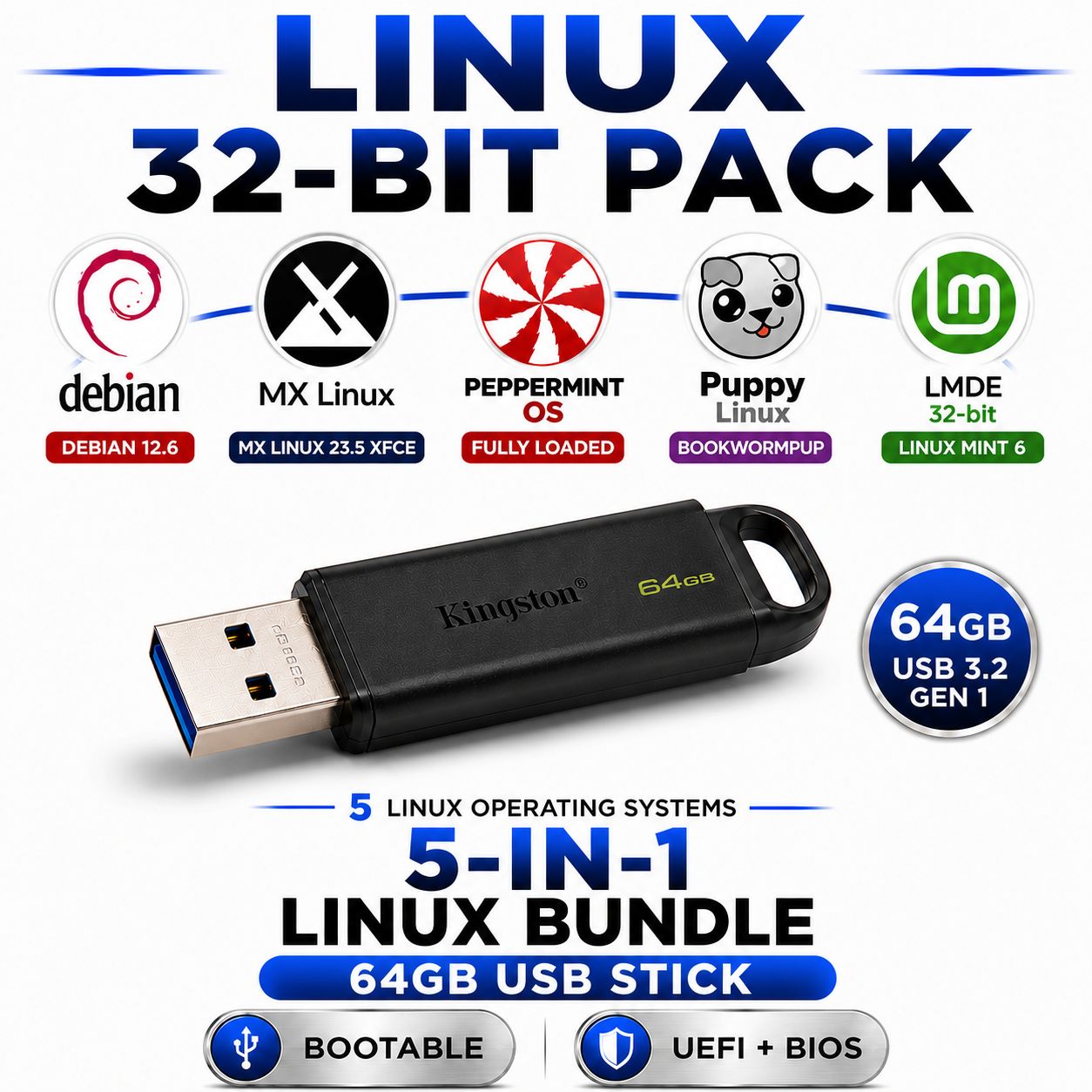 Linux 32-Bit 5-in-1 Multi-Boot USB Pack