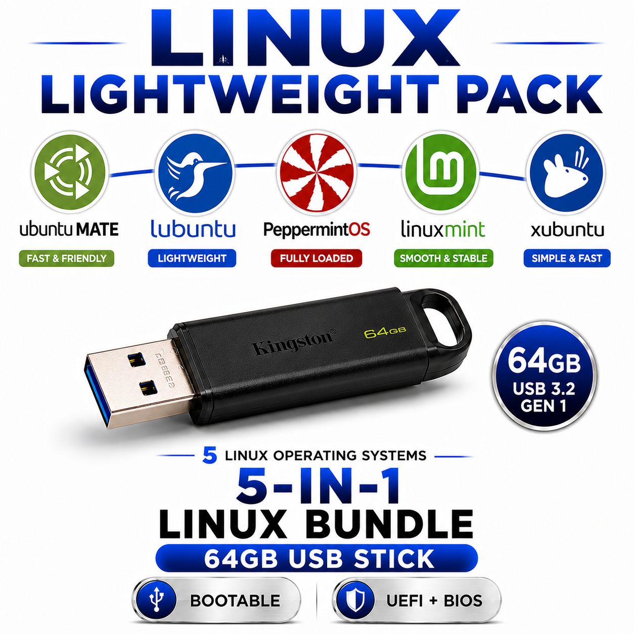 Linux Lightweight 5-in-1 Multi-Boot USB Pack