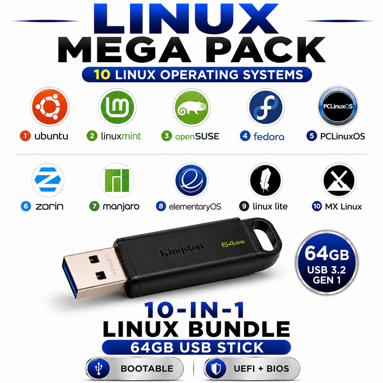 Linux Mega Pack 10-in-1 Multi-Boot USB Drive