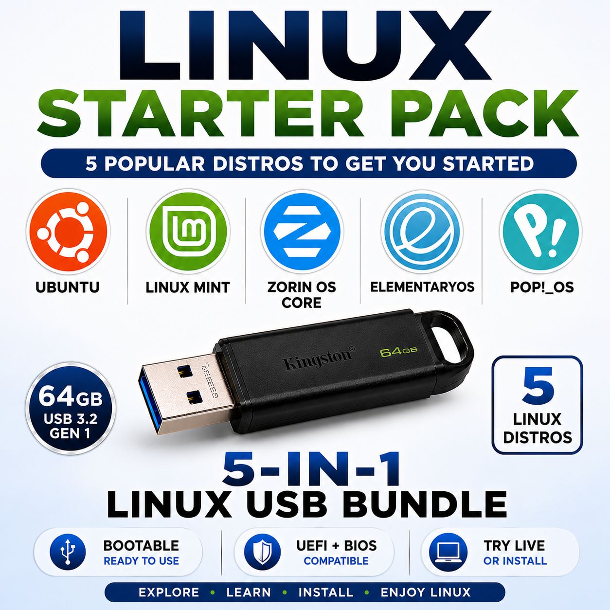 Linux Starter 5-in-1 Multi-Boot USB Pack
