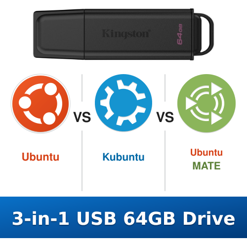 Ubuntu vs Kubuntu vs Ubuntu MATE 3-in-1 64GB Multi-Boot USB Drive