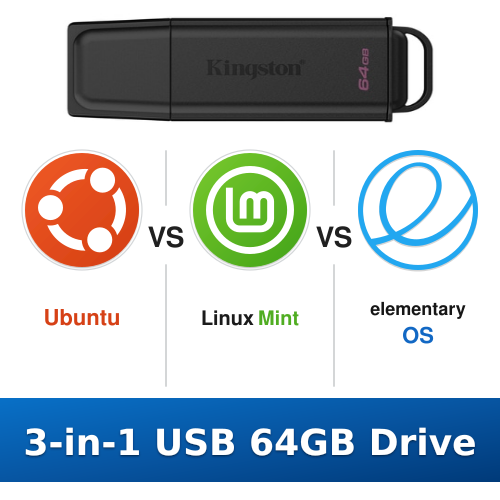 Ubuntu vs Linux Mint vs elementary OS 3-in-1 64GB Multi-Boot USB Drive