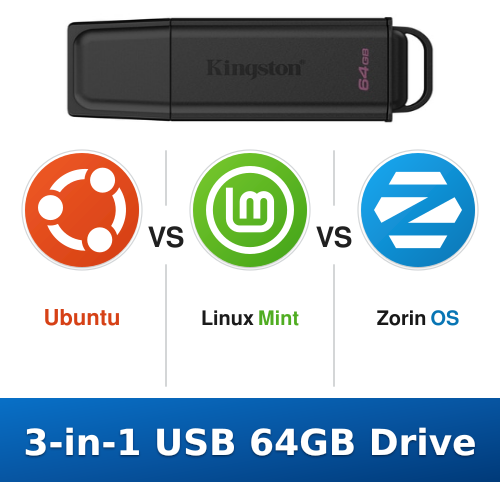 Ubuntu vs Linux Mint vs Zorin OS 3-in-1 64GB Multi-Boot USB Drive