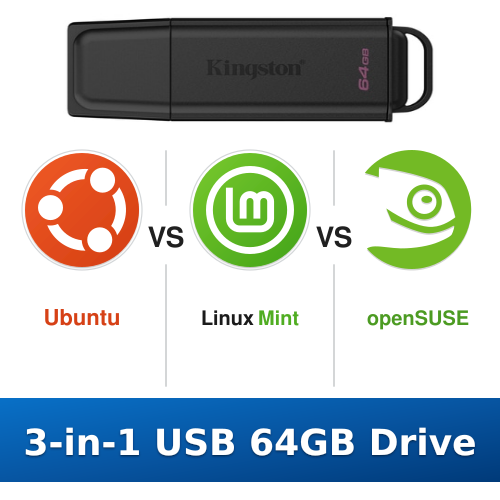 Ubuntu vs Linux Mint vs openSUSE 3-in-1 64GB Multi-Boot USB Drive