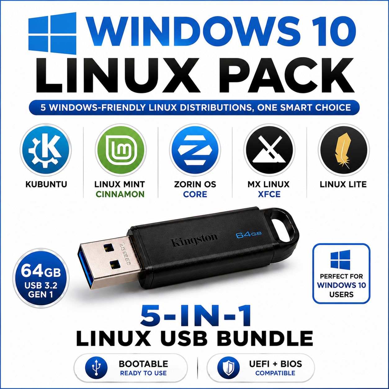 Windows 10 Linux Replacement 5-in-1 Multi-Boot USB Pack