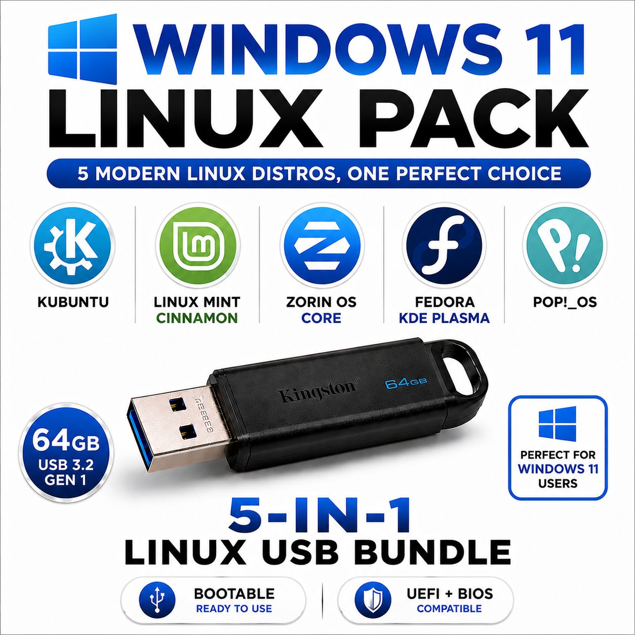 Windows 11 Linux Replacement 5-in-1 Multi-Boot USB Pack